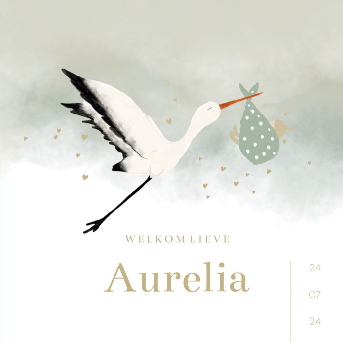Geboortekaartje ooievaar aquarel groen neutraal Aurelia