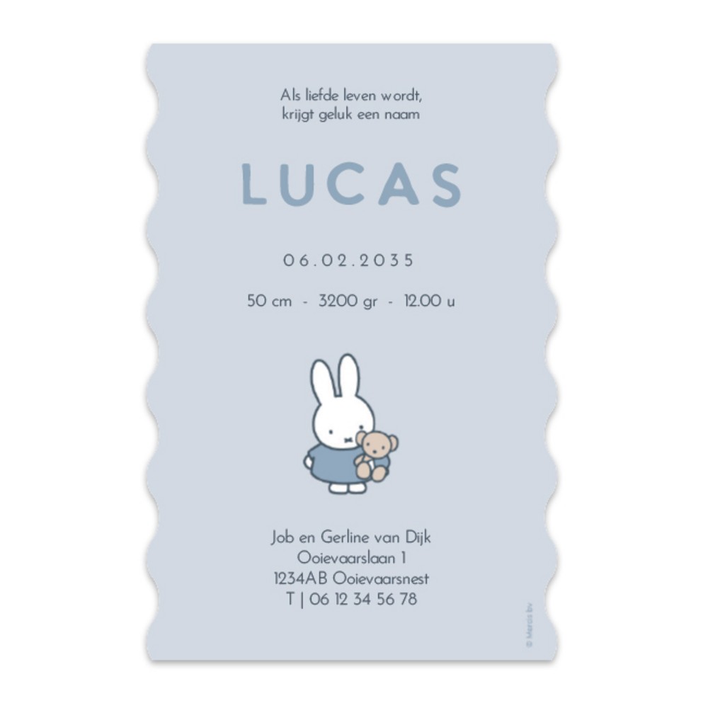 Achterkant van geboortekaartje nijntje blauwe strepen Lucas