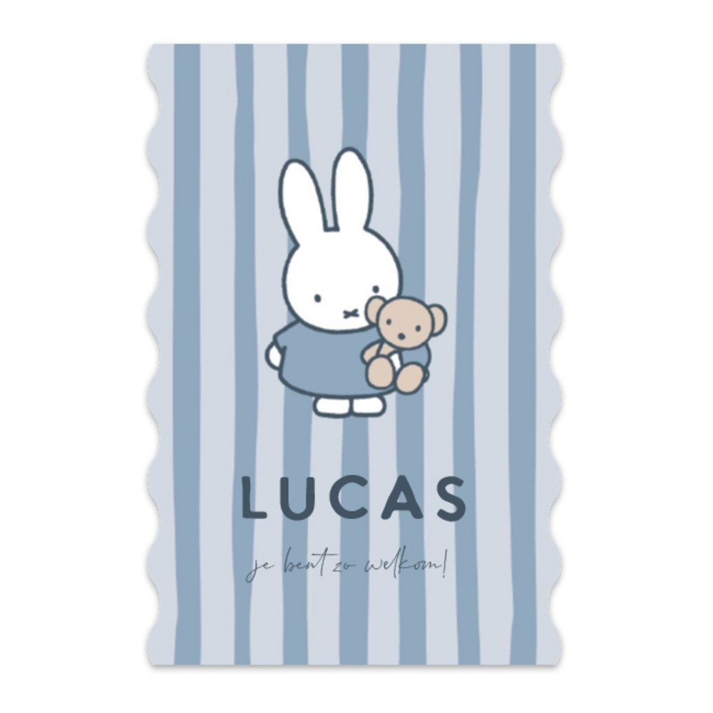 Voorkant van geboortekaartje nijntje blauwe strepen Lucas