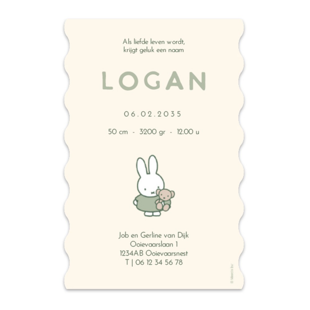Achterkant van geboortekaartje nijntje groene strepen Logan