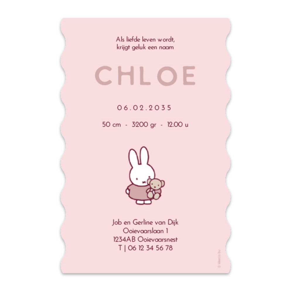Achterkant van geboortekaartje nijntje roze strepen Chloe