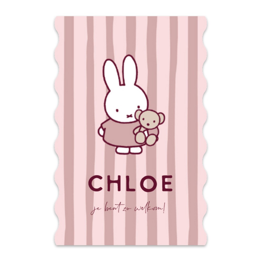 Voorkant van geboortekaartje nijntje roze strepen Chloe