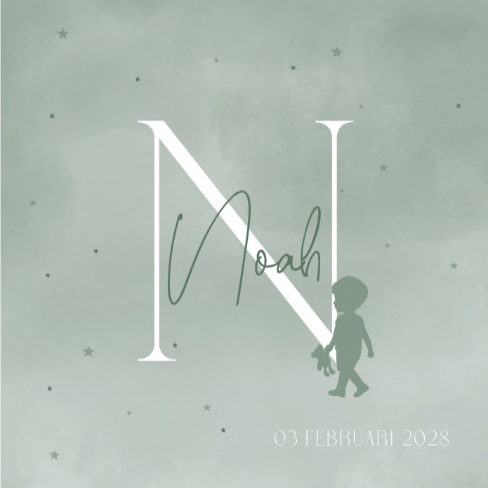 Geboortekaartje jongen letter groen silhouet Noah