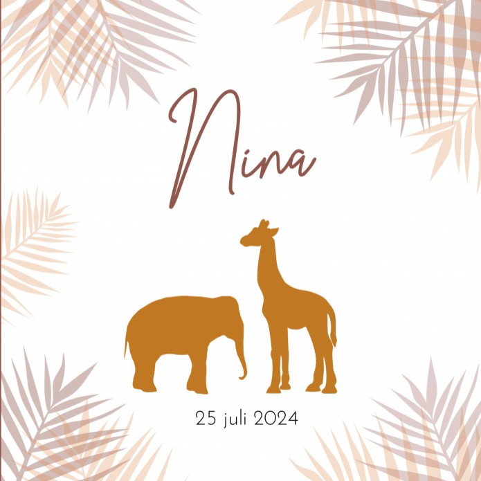 Geboortekaartje olifant giraffe silhouette koperfolie Nina