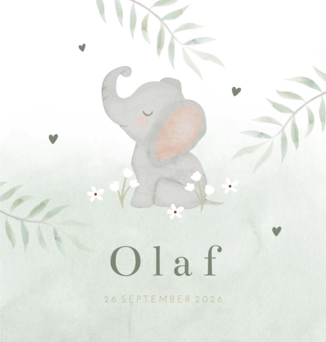 Geboortekaartje neutraal groen olifantje Olaf