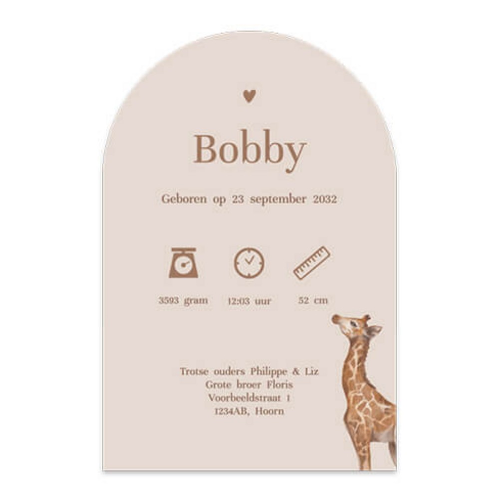 Geboortekaartje neutraal jungledieren giraffe Bobby