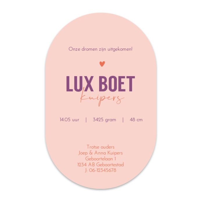 Geboortekaartje in originele vorm paars Lux