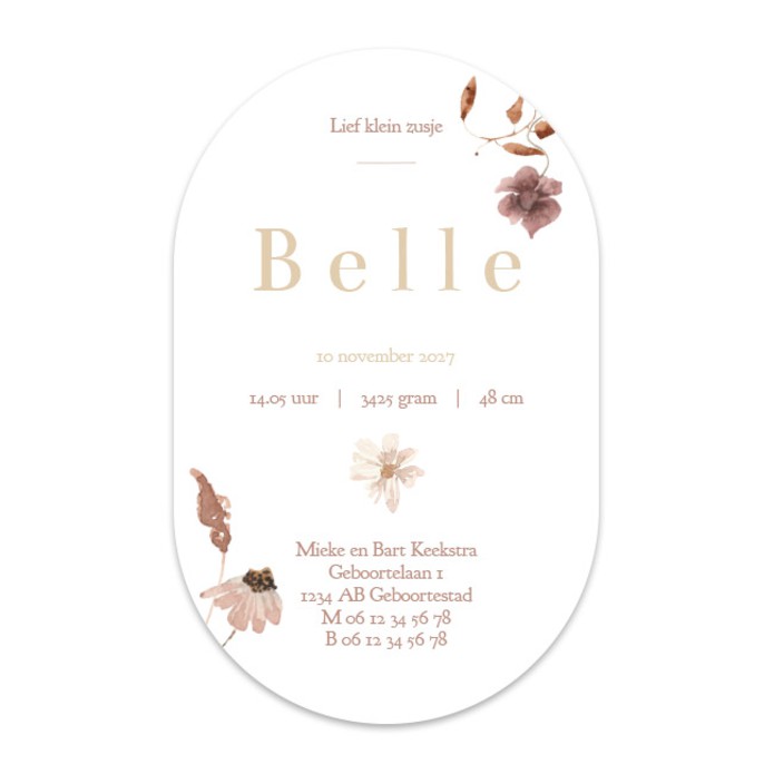 Geboortekaartje meisje droogbloemen ovaal Belle