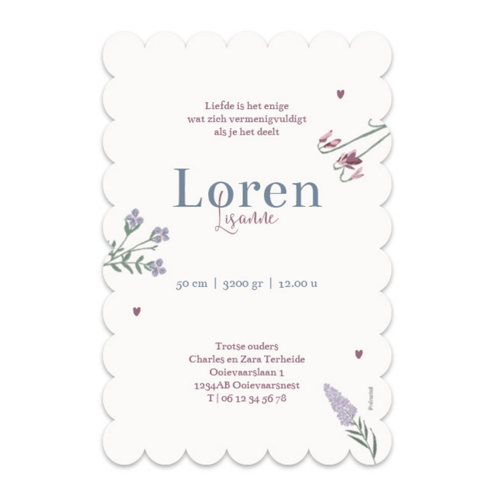 Geboortekaartje Prénatal meisje bloemen Loren