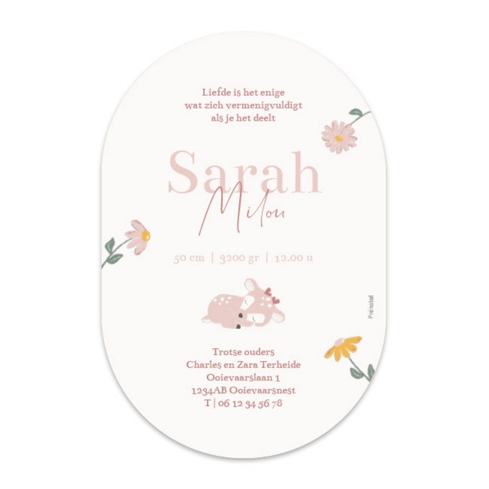 Geboortekaartje Prénatal meisje hertje ovaal Sarah