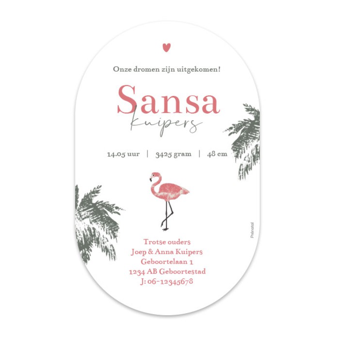 Geboortekaartje meisje flamingo Sansa