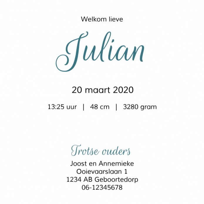 Geboortekaartje regenboog Julian