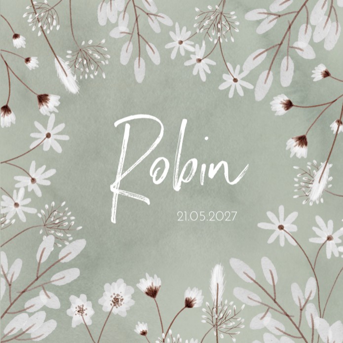 Geboortekaartje floral groene watercolour Robin