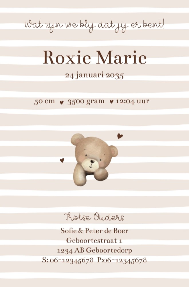 Achterkant van geboortekaartje Roxie