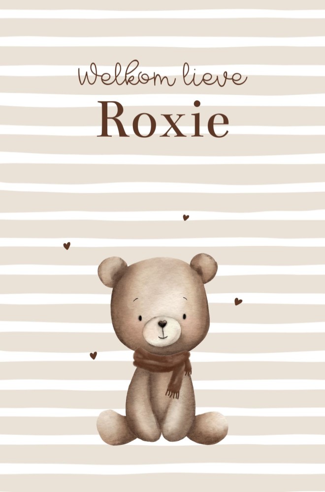 Geboortekaartje neutraal teddybeer strepenpatroon Roxie
