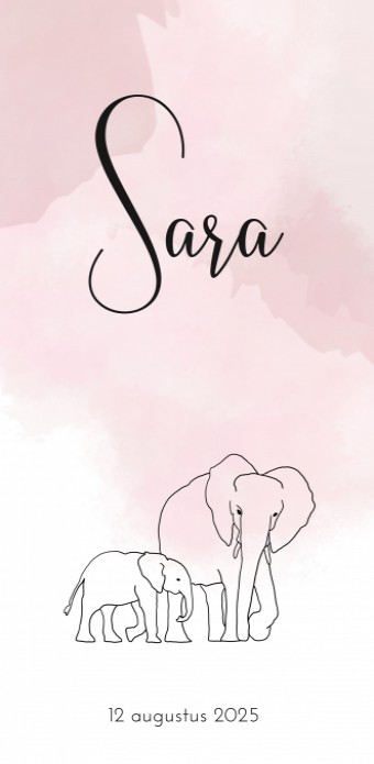 Geboortekaartje roze aquarel olifant Sara