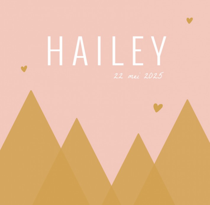 Geboortekaartje roze en goudkleurige bergen Hailey