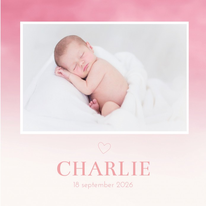 Geboortekaartje watercolour roze foto Charlie voor