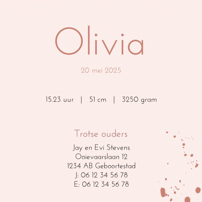 Geboortekaartje lief roze met stoere spetters Olivia