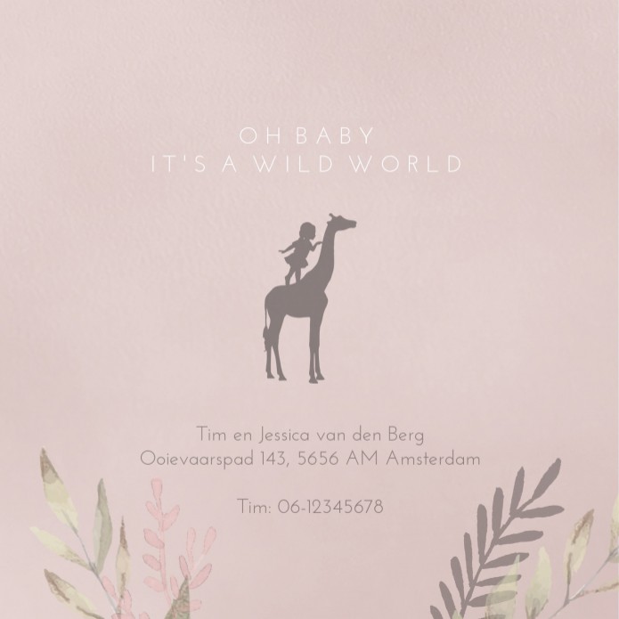Geboortekaartje meisje zacht roze silhouette giraffe May binnen