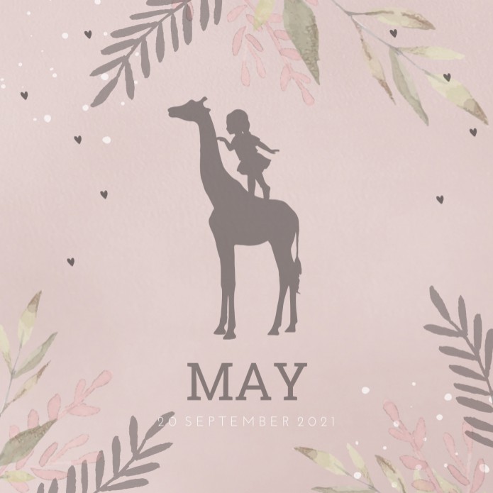 Geboortekaartje meisje zacht roze silhouette giraffe May voor
