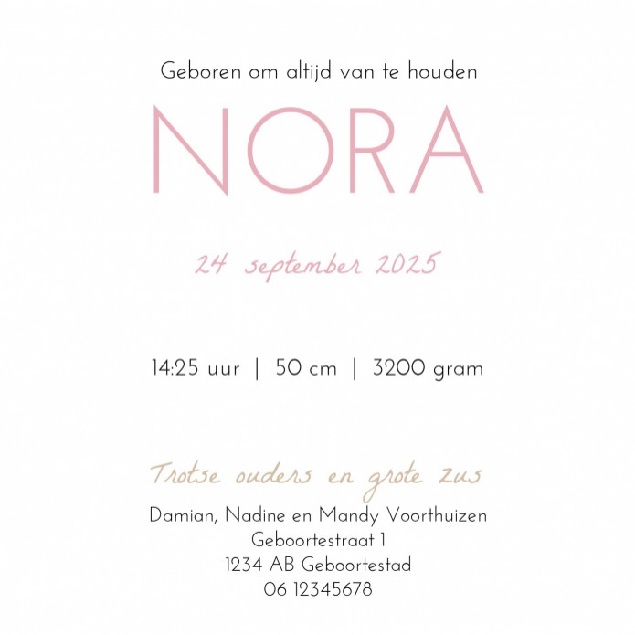 Geboortekaartje silhouette meisjes roze Nora