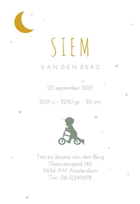Geboortekaartje silhouette jongen op fietsje Siem