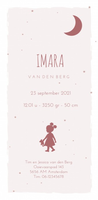 Geboortekaartje silhouette roze Imara achter
