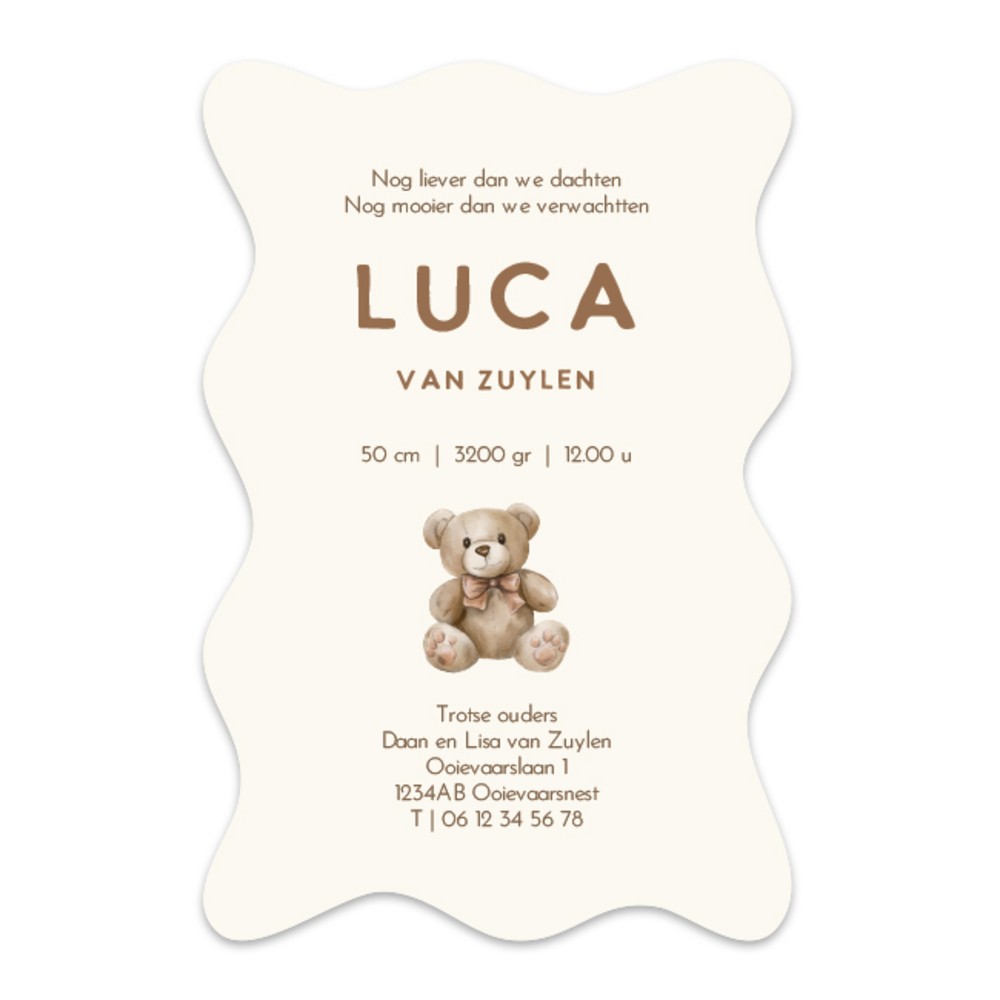 Achterkant van geboortekaartje Luca