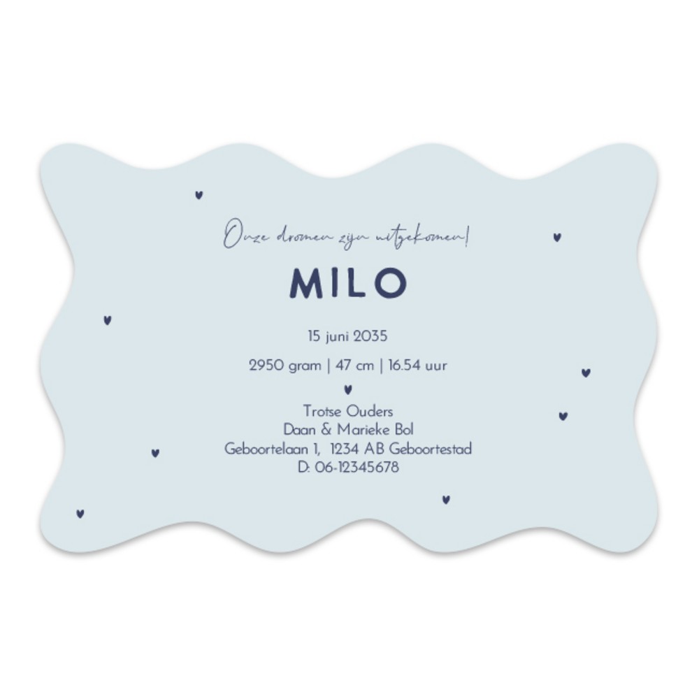 Achterkant van geboortekaartje Milo