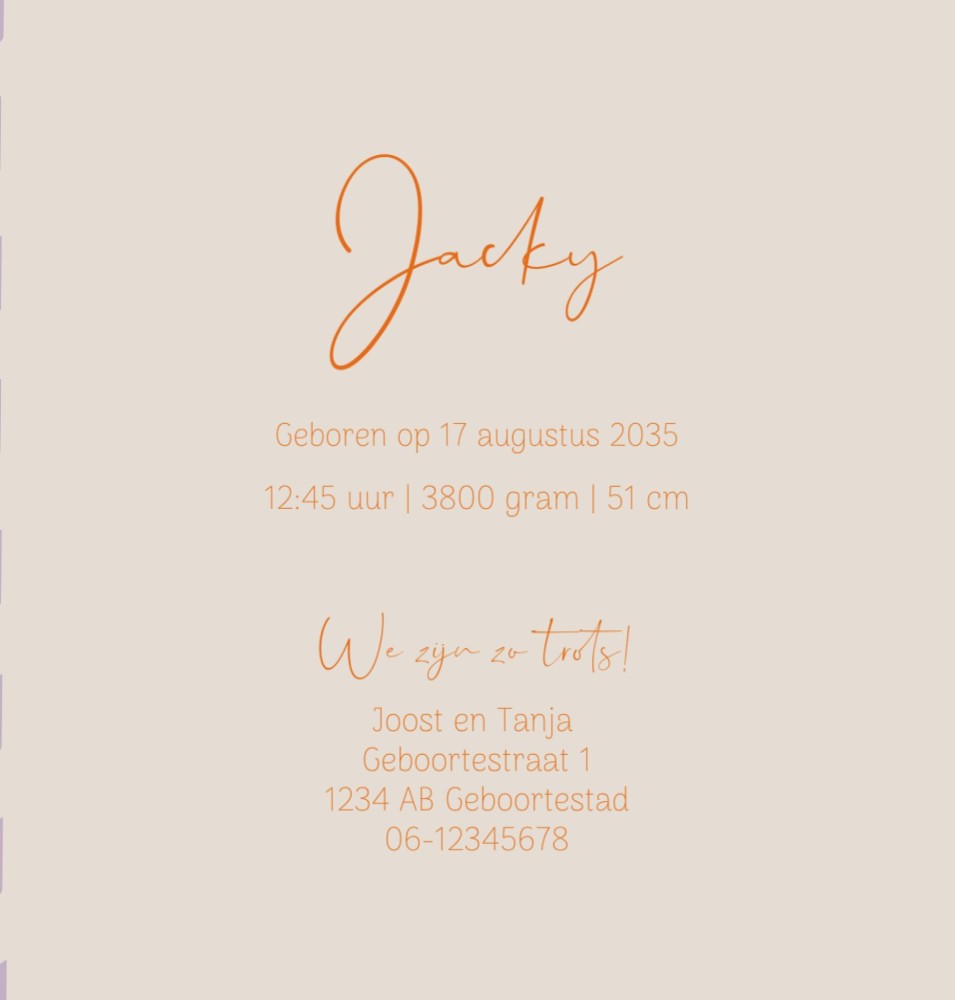 Rechter binnenzijde van geboortekaartje Jacky