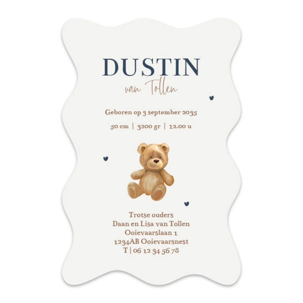 Achterkant van geboortekaartje Dustin