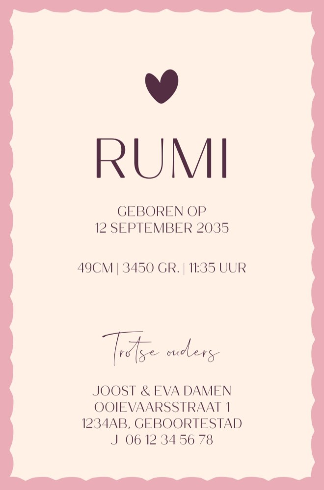 Achterkant geboortekaartje Rumi
