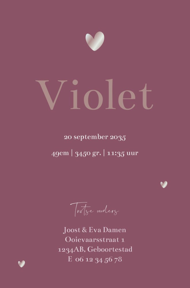 Achterkant van geboortekaartje Violet