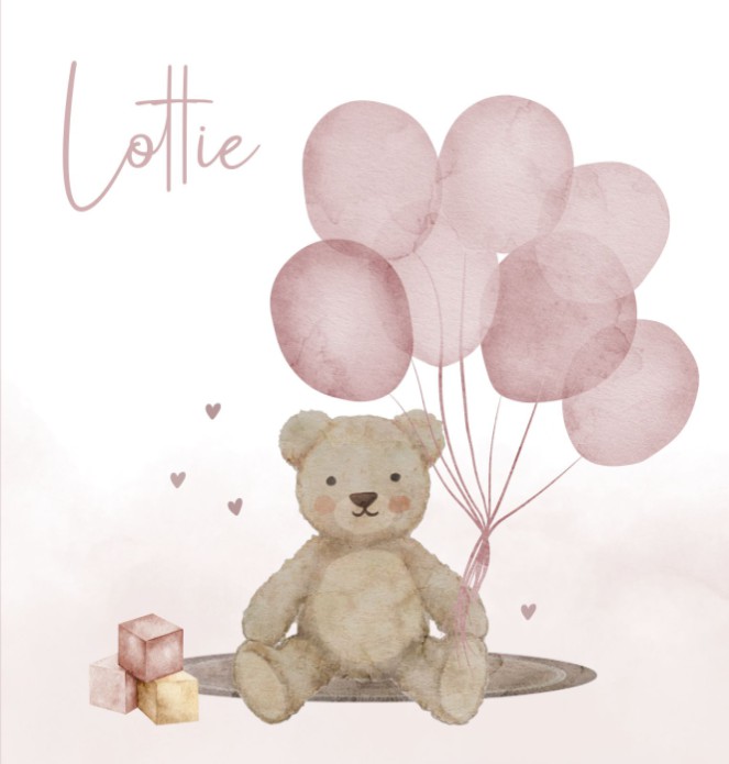 Geboortekaartje meisje teddybeer roze Lottie
