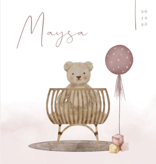 Geboortekaartje meisje teddybeer wieg Maysa