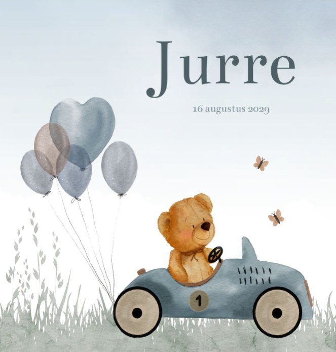 Geboortekaartje jongen teddybeer auto Jurre