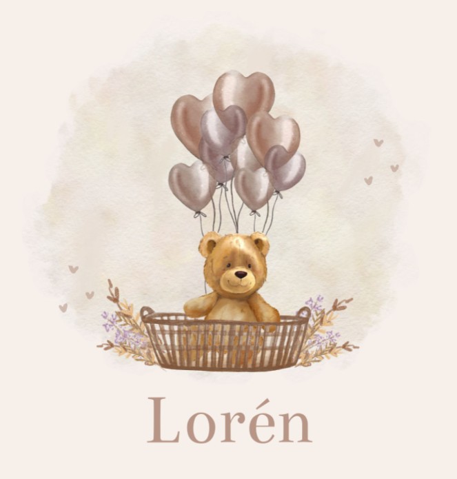 Geboortekaartje meisje teddybeer mand Lorén