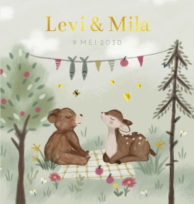 Geboortekaartje tweeling bosdieren Levi en Mila