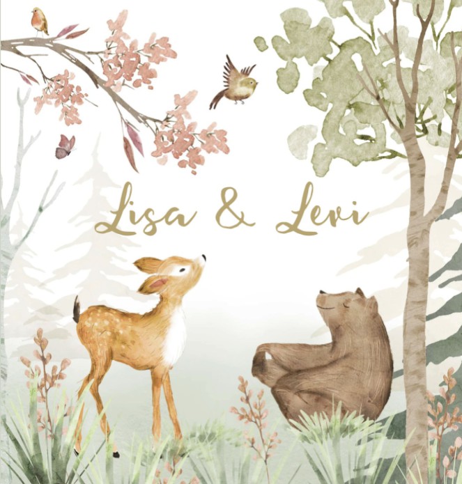 Geboortekaartje tweeling bosdieren Lisa en Levi