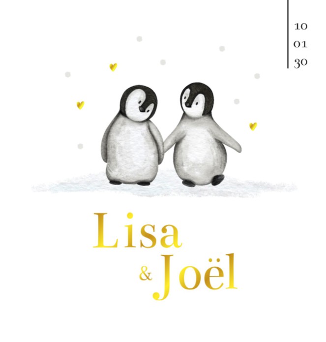 Geboortekaartje tweeling pinguin Lisa en Joël