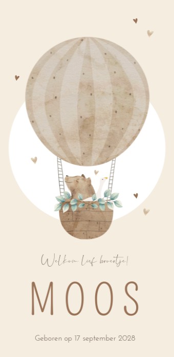 Geboortekaartje neutraal luchtballon beer Moos voor