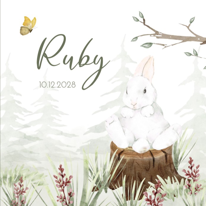 Geboortekaartje neutraal bosdieren konijn Ruby