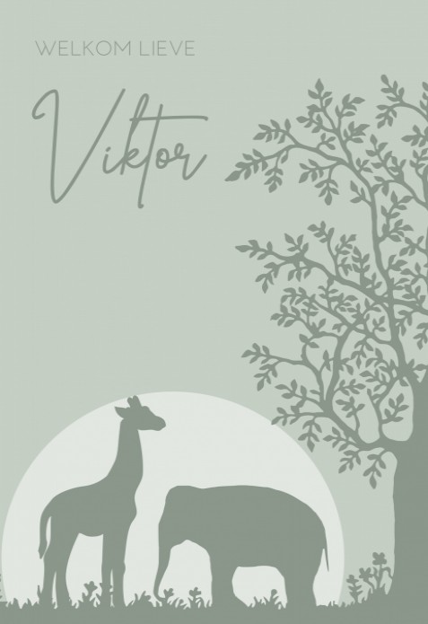 Geboortekaartje groene silhouetten olifant en giraffe Viktor