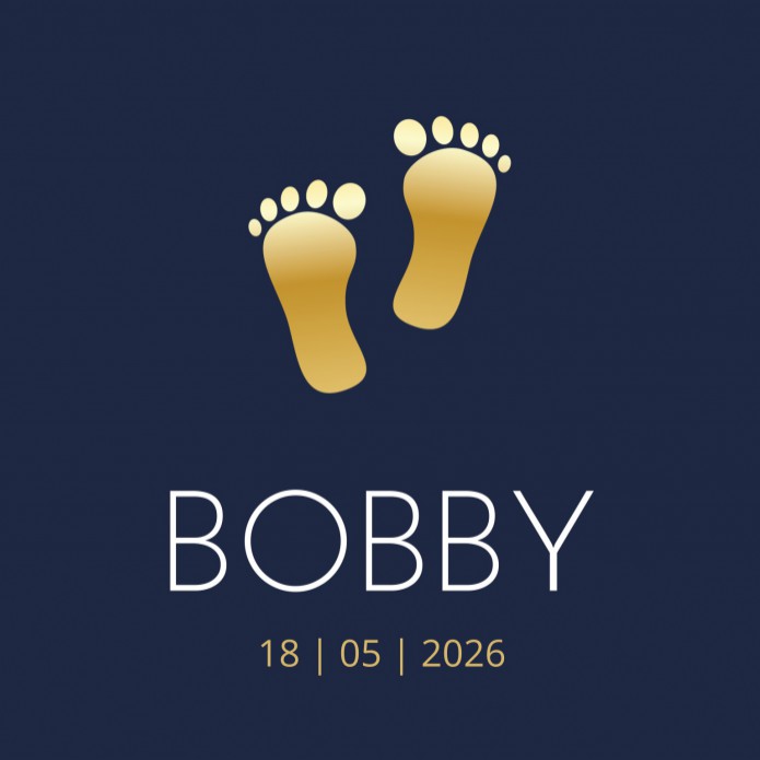 Geboortekaartje voetjes goud en blauw Bobby
