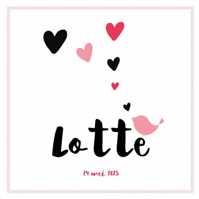 Geboortekaartje roze hartjes en lief vogeltje Lotte