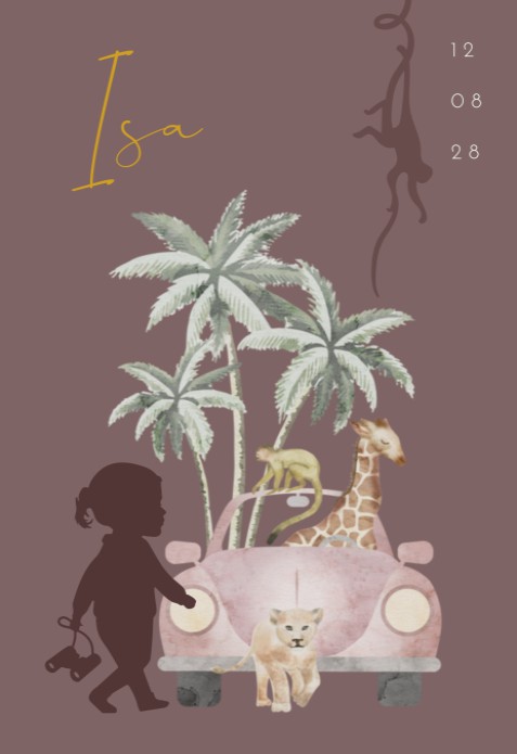 Geboortekaartje meisje busje jungle dieren Isa Lou