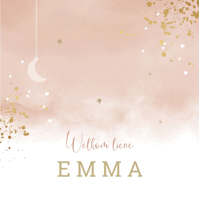 Geboortekaartje meisje warm roze aquarel met goudlook Emma voor