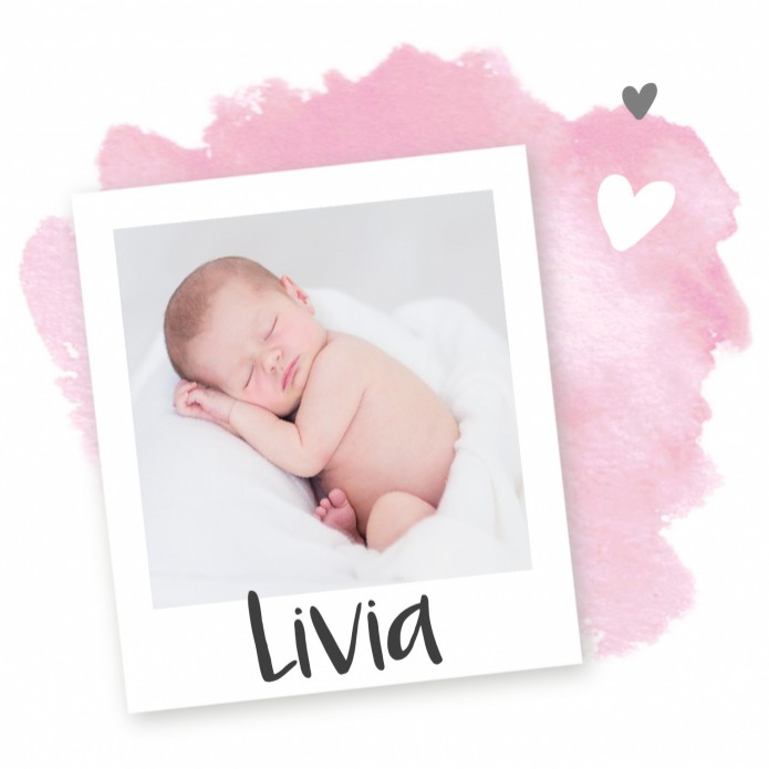 Geboortekaartje watercolour foto roze hartje Livia