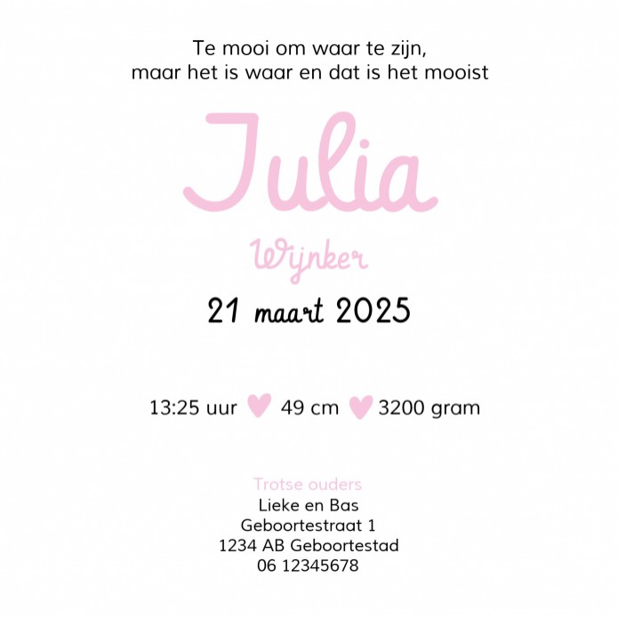 Geboortekaartje Watercolour Roze Julia
